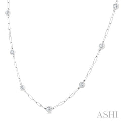 1 Ctw Bezel Set Round Cut Diamond Paperclip Station Necklace in 14K White Gold