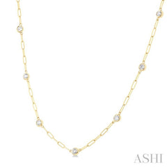 3/4 Ctw Bezel Set Round Cut Diamond Paperclip Station Necklace in 14K Yellow Gold