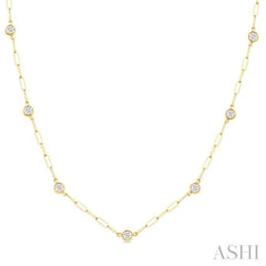 3/4 Ctw Bezel Set Round Cut Diamond Paperclip Station Necklace in 14K Yellow Gold