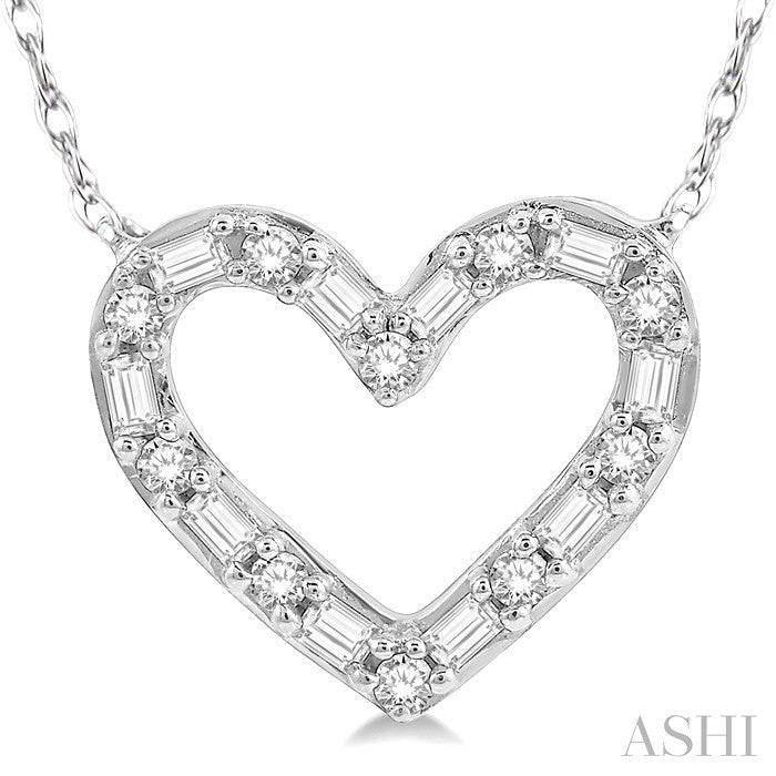 1/4 Ctw Heart Charm Baguette and Round Cut Diamond Pendant With Chain in 14K White Gold