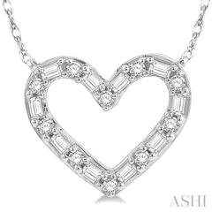 1/4 Ctw Heart Charm Baguette and Round Cut Diamond Pendant With Chain in 14K White Gold