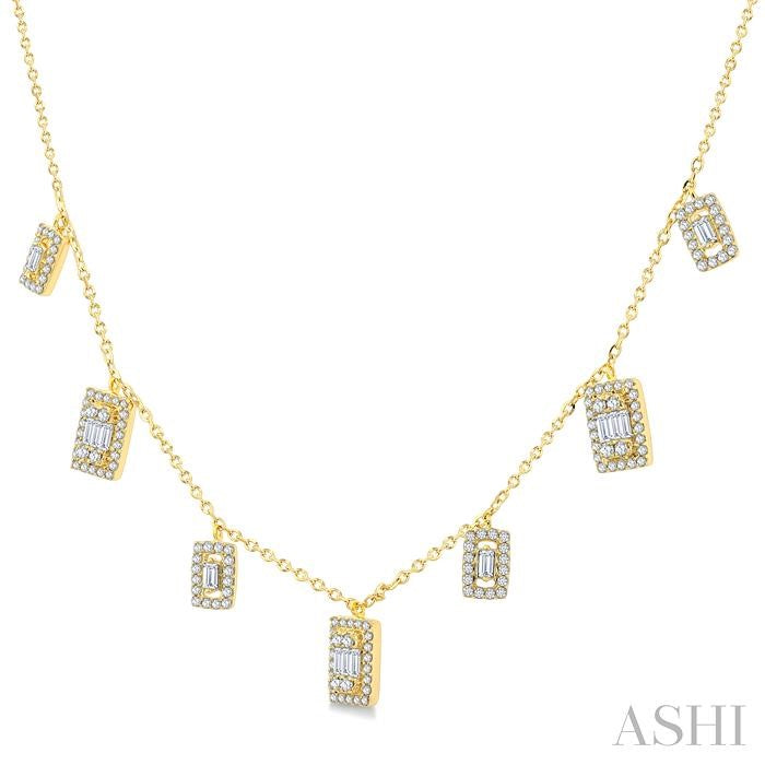 1/2 Ctw Rectangular Shaped Danglers Fusion Baguette and Round Cut Diamond Station Necklace in 10K Yellow Gold