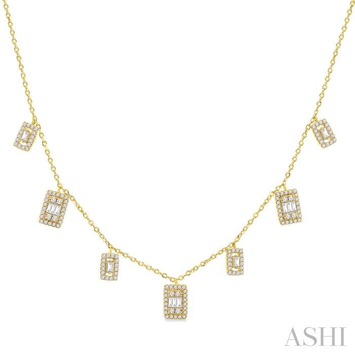 1/2 Ctw Rectangular Shaped Danglers Fusion Baguette and Round Cut Diamond Station Necklace in 10K Yellow Gold