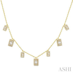 1/2 Ctw Rectangular Shaped Danglers Fusion Baguette and Round Cut Diamond Station Necklace in 10K Yellow Gold