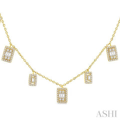 1/2 Ctw Rectangular Shaped Danglers Fusion Baguette and Round Cut Diamond Station Necklace in 10K Yellow Gold
