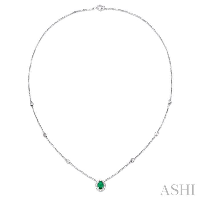 6x4 MM Oval Cut Emerald and 1/6 Ctw Round Cut Diamond Precious Necklace in 14K White Gold