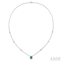 6x4 MM Oval Cut Emerald and 1/6 Ctw Round Cut Diamond Precious Necklace in 14K White Gold