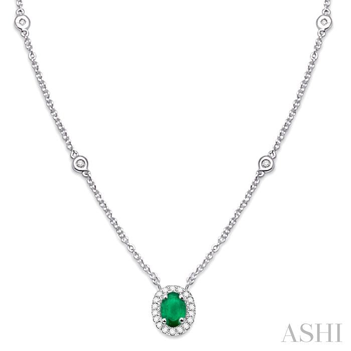 6x4 MM Oval Cut Emerald and 1/6 Ctw Round Cut Diamond Precious Necklace in 14K White Gold