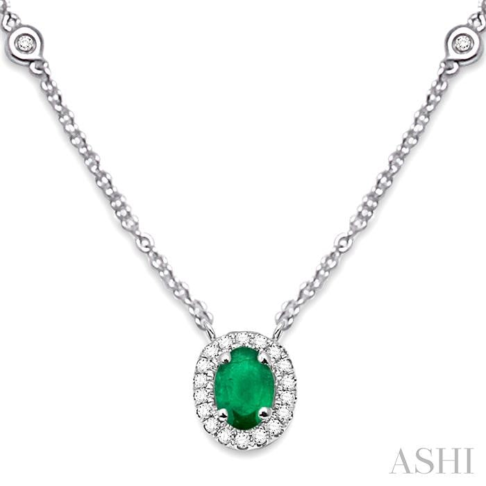 6x4 MM Oval Cut Emerald and 1/6 Ctw Round Cut Diamond Precious Necklace in 14K White Gold