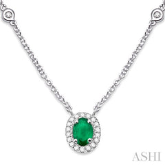 6x4 MM Oval Cut Emerald and 1/6 Ctw Round Cut Diamond Precious Necklace in 14K White Gold