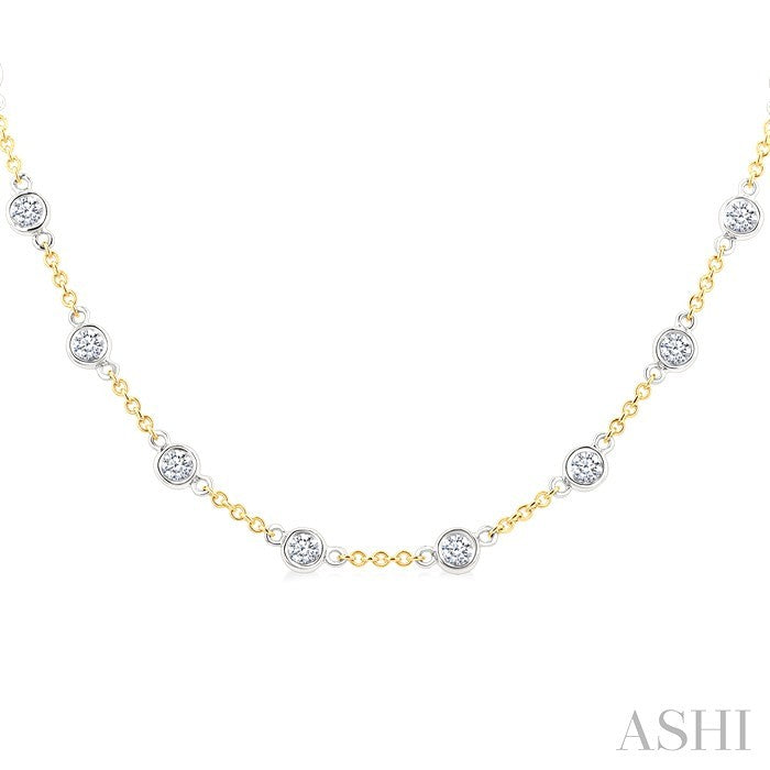 2 Ctw Bezel Set Round Cut Diamond Station Necklace in 14K Yellow and White Gold