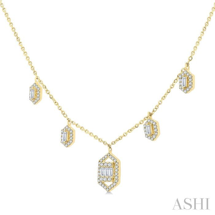 1/3 Ctw Hexagon Motif Baguette and Round Cut Diamond Dangle Necklace in 10K Yellow Gold
