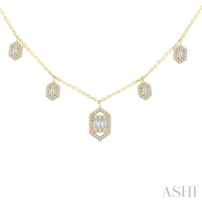 1/3 Ctw Hexagon Motif Baguette and Round Cut Diamond Dangle Necklace in 10K Yellow Gold