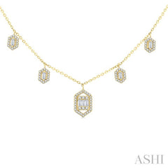 1/3 Ctw Hexagon Motif Baguette and Round Cut Diamond Dangle Necklace in 10K Yellow Gold