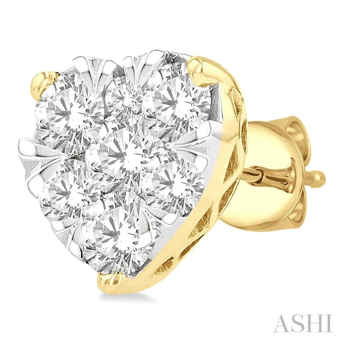 1 Ctw Heart Shape Lovebright Round Cut Diamond Stud Earring in 14K Yellow and White Gold