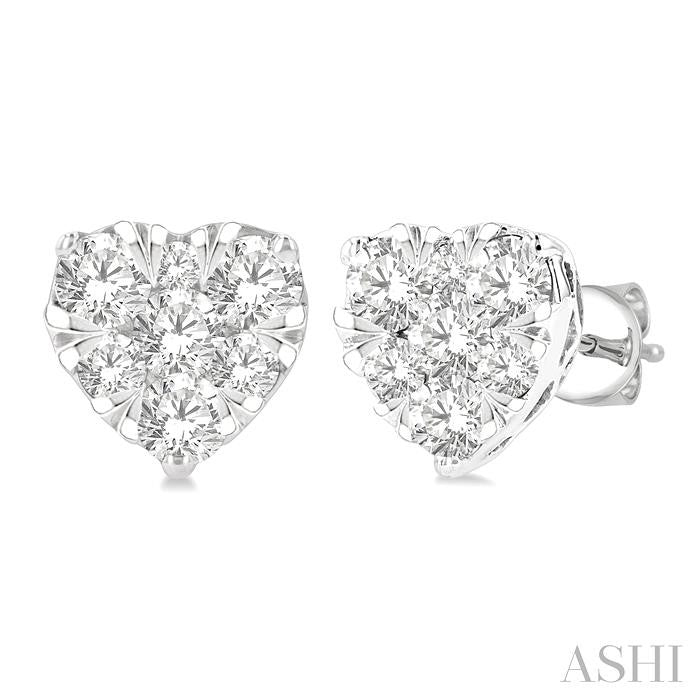 3/4 Ctw Heart Shape Lovebright Round Cut Diamond Stud Earring in 14K White Gold
