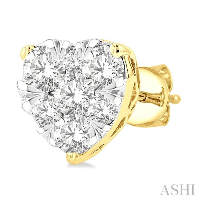 3/4 Ctw Heart Shape Lovebright Round Cut Diamond Stud Earring in 14K Yellow and White Gold