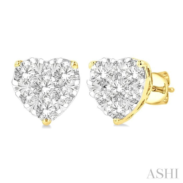 3/4 Ctw Heart Shape Lovebright Round Cut Diamond Stud Earring in 14K Yellow and White Gold