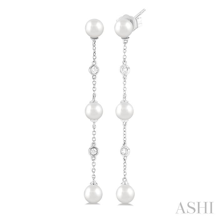 5 MM Round Shape Cultured Pearl and 1/10 Ctw Round Cut Diamond Station Long Earring in 14K White Gold