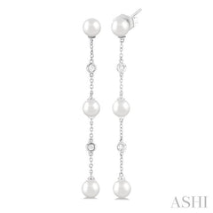 5 MM Round Shape Cultured Pearl and 1/10 Ctw Round Cut Diamond Station Long Earring in 14K White Gold