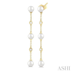 5 MM Round Shape Cultured Pearls and 1/10 Ctw Round Cut Diamond Station Long Earring in 14K Yellow Gold