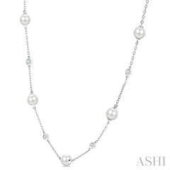 5 MM Round Shape Cultured Pearl and 1/4 Ctw Round Cut Diamond Station Necklace in 14K White Gold