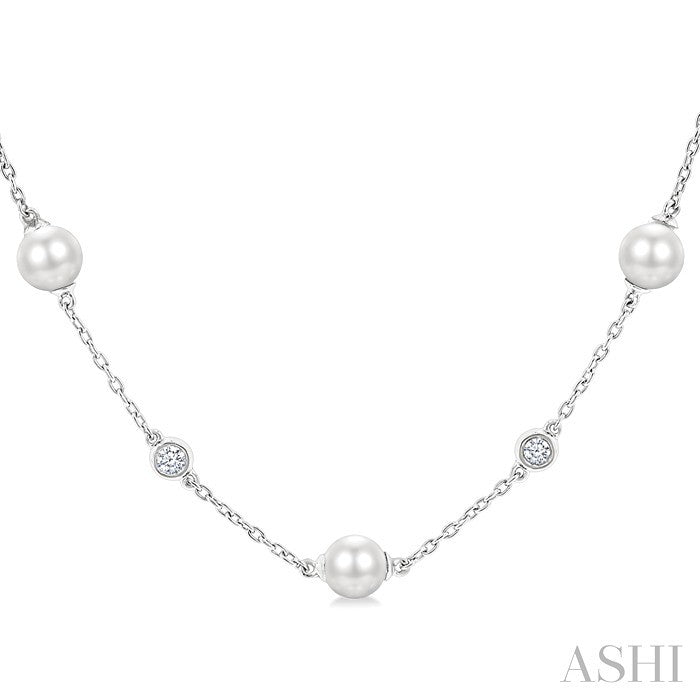 5 MM Round Shape Cultured Pearl and 1/4 Ctw Round Cut Diamond Station Necklace in 14K White Gold
