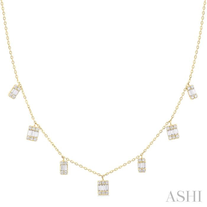 1/2 Ctw Dangle Fusion Baguette and Round Cut Diamond Station Necklace in 10K Yellow Gold