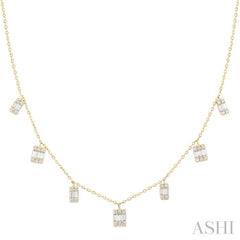 1/2 Ctw Dangle Fusion Baguette and Round Cut Diamond Station Necklace in 10K Yellow Gold