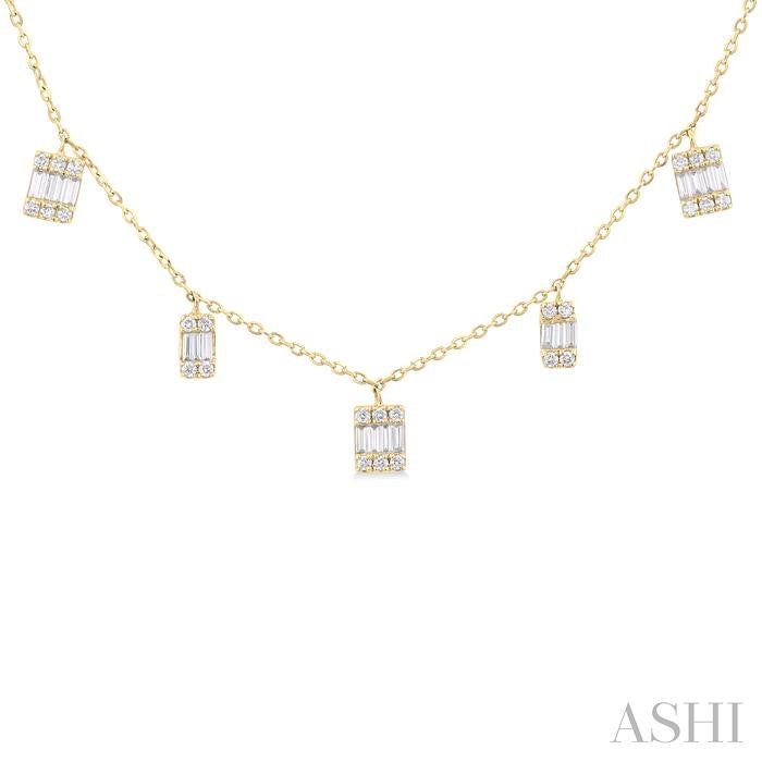 1/2 Ctw Dangle Fusion Baguette and Round Cut Diamond Station Necklace in 10K Yellow Gold