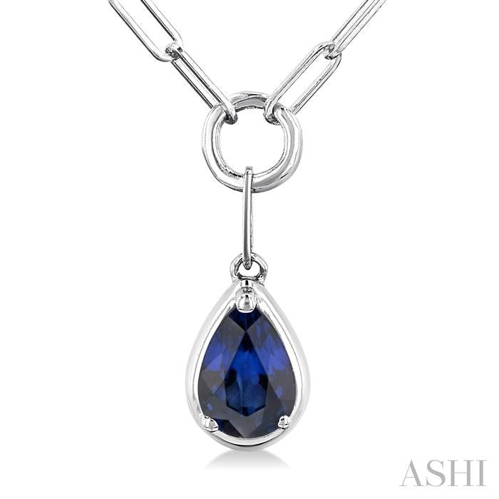 6x4 MM Pear Cut Sapphire Solitaire Precious Paperclip Pendant With Chain in 14K White Gold