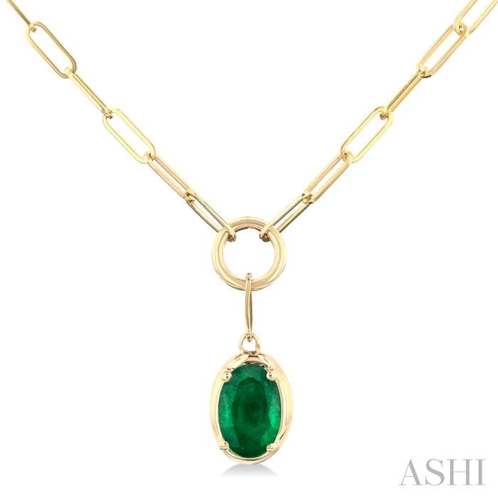 6x4 MM Oval Cut Emerald Solitaire Precious Paperclip Pendant With Chain in 10K Yellow Gold