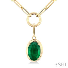 6x4 MM Oval Cut Emerald Solitaire Precious Paperclip Pendant With Chain in 10K Yellow Gold