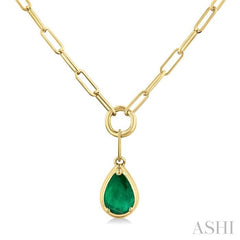 6x4 MM Pear Cut Emerald Solitaire Precious Paperclip Pendant With Chain in 10K Yellow Gold