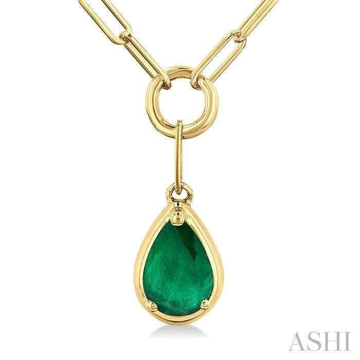 6x4 MM Pear Cut Emerald Solitaire Precious Paperclip Pendant With Chain in 10K Yellow Gold