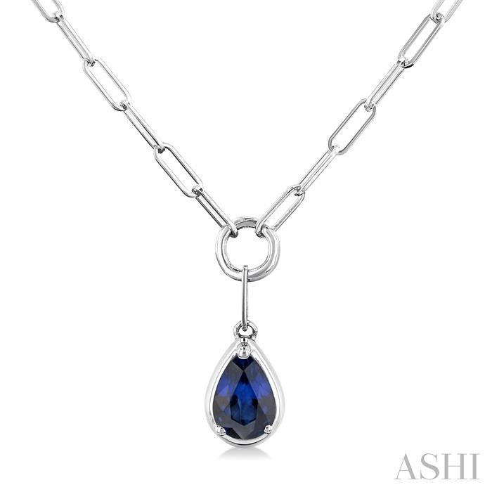 6x4 MM Pear Cut Sapphire Solitaire Precious Paperclip Pendant With Chain in 10K White Gold