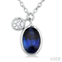 6x4 MM Oval Cut Sapphire and 1/20 Ctw Bezel Set Round Cut Diamond Precious Pendant With Chain in 14K White Gold