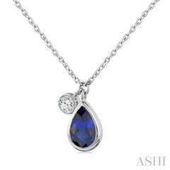 6x4 MM Pear Cut Sapphire and 1/20 Ctw Bezel Set Round Cut Diamond Precious Pendant With Chain in 14K White Gold