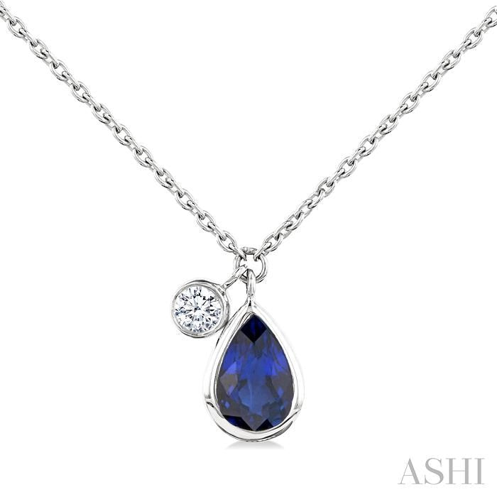 6x4 MM Pear Cut Sapphire and 1/20 Ctw Bezel Set Round Cut Diamond Precious Pendant With Chain in 14K White Gold