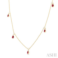 5x3 MM Pear Shape Ruby and 1/8 Ctw Round Cut Diamonds Precious Station Necklace in 10K Yellow Gold