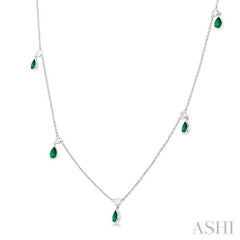 5x3 MM Pear Shape Emerald and 1/4 Ctw Round Cut Diamonds Precious Station Necklace in 14K White Gold