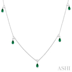 5x3 MM Pear Shape Emerald and 1/4 Ctw Round Cut Diamonds Precious Station Necklace in 14K White Gold