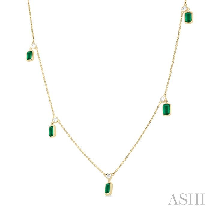 5x3 MM Octagonal Shape Emerald and 1/4 Ctw Round Cut Diamonds Precious Station Necklace in 14K Yellow Gold