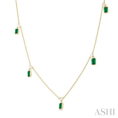 5x3 MM Octagonal Shape Emerald and 1/4 Ctw Round Cut Diamonds Precious Station Necklace in 14K Yellow Gold