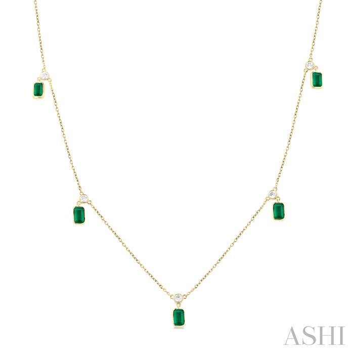 5x3 MM Octagonal Shape Emerald and 1/4 Ctw Round Cut Diamonds Precious Station Necklace in 14K Yellow Gold