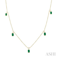 5x3 MM Octagonal Shape Emerald and 1/4 Ctw Round Cut Diamonds Precious Station Necklace in 14K Yellow Gold