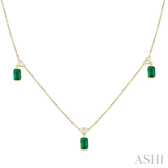5x3 MM Octagonal Shape Emerald and 1/4 Ctw Round Cut Diamonds Precious Station Necklace in 14K Yellow Gold