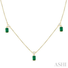 5x3 MM Octagonal Shape Emerald and 1/4 Ctw Round Cut Diamonds Precious Station Necklace in 14K Yellow Gold