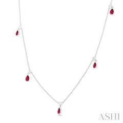 5x3 MM Pear Shape Ruby and 1/4 Ctw Round Cut Diamonds Precious Station Necklace in 14K White Gold