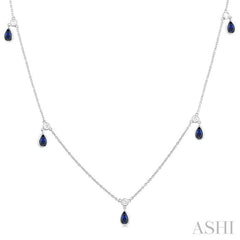 5x3 MM Pear Shape Sapphire and 1/4 Ctw Round Cut Diamonds Precious Station Necklace in 14K White Gold